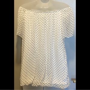 Luisa Ricci M 100% Silk Blouse White Gray Polka Dots Medium off shoulders